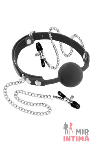 Кляп с силиконовым шариком и зажимами для сосков Fetish Tentation Gag Ball with Nipple Clamps
