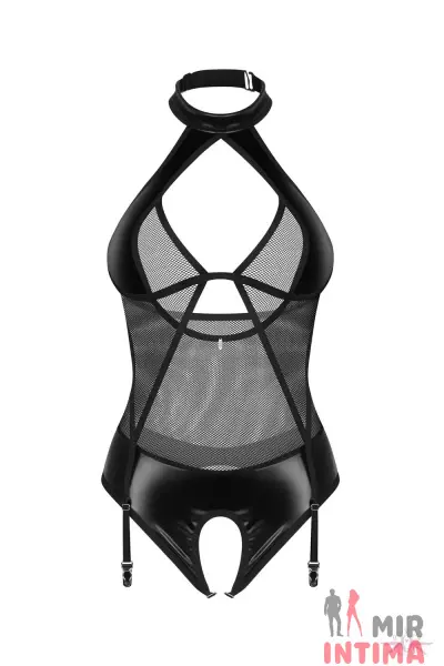 Боди Obsessive Dominna crotchless teddy, экокожа, сетка - 1