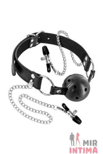 Воздухопроницаемый кляп с зажимами для сосков Fetish Tentation Rigid Gag Ball with Nipple Clamps