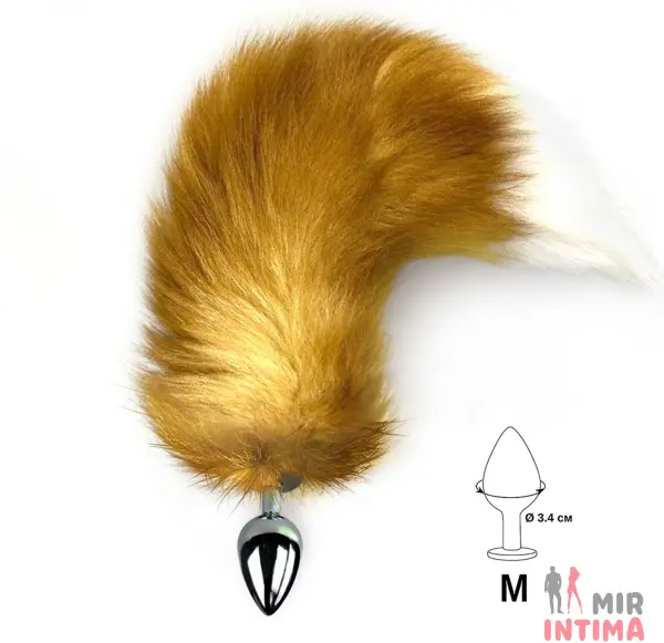 Анальная пробка металлическая Red fox M, мех натуральный - 2